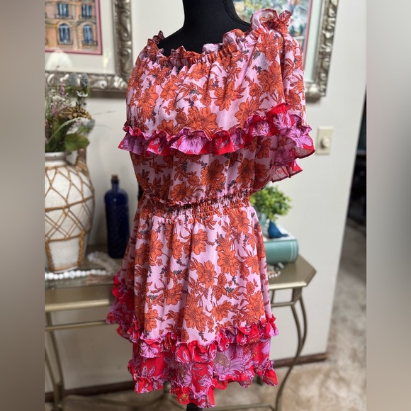 JESSICA SIMPSON PINK & ORANGE RUFFLE FLORAL PRINT OFF SHOULDER MINI DRESS SZ L - Picture 2 of 11